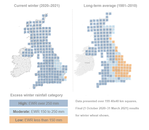 UK map showing excess winter rainfall final results (2020-21)